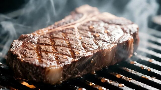 T Bone Steak on Black Grill with Smoke Culinary Close Up Delicious Meat
