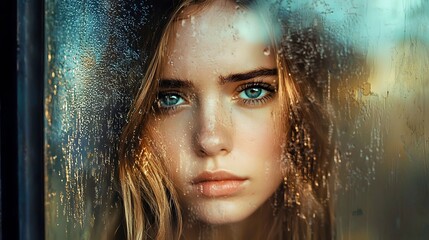 A contemplative young woman behind a rain-soaked glass, with striking blue eyes and wet hair.
