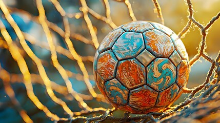 Vibrant soccer ball resting in a goal net under golden sunlight.