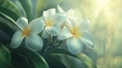 Fototapeta premium White plumeria blossoms with yellow centers and vibrant green leaves in soft sunlight