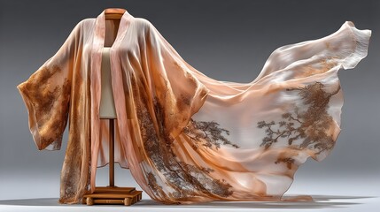 Peach silk kimono, studio shot, flowing fabric, nature print, fashion
