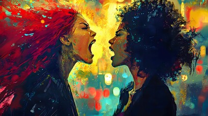 Dynamic confrontation between two women, showcasing fierce expressions and vibrant colors.