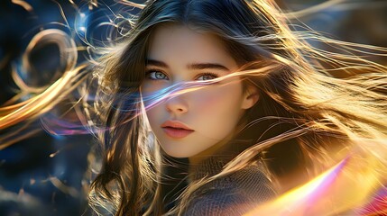 Young woman with flowing hair illuminated by colorful light reflections.