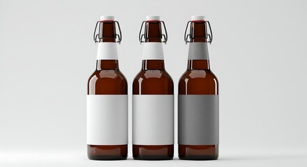 Three Brown Beer Bottles with Blank Labels and Swing Top Closures