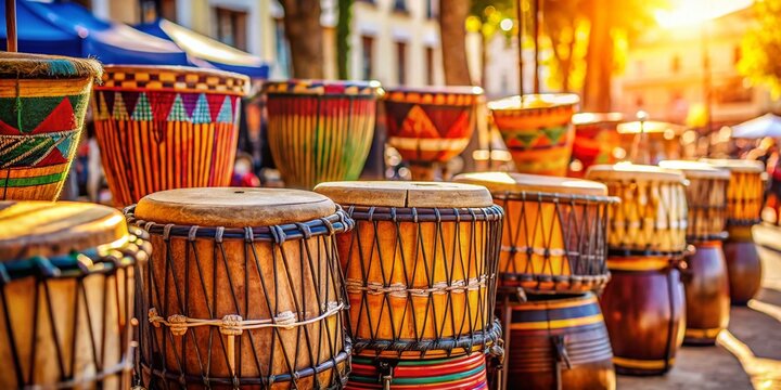 Vibrant African Djembe Drums at Sunny Market Stall - High-Resolution Stock Photo