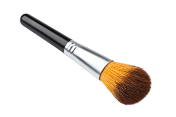 Close-up shot of a makeup brush with a black handle, isolated on white.