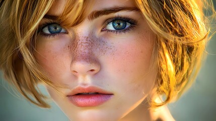 Close-up of a young woman with striking blue eyes and freckles, soft golden lighting.
