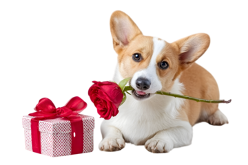 A charming corgi dog holding a red rose, with a heart-shaped gift.