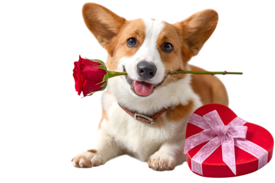 A charming corgi dog holding a red rose, with a heart-shaped gift.