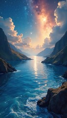 Ethereal Celestial Waters Peaceful Waves Reflect a Breathtaking Cosmic Panorama of Divine Serenity across an Endless Astral Ocean