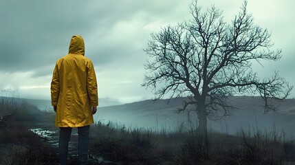 A person wearing a yellow raincoat stands alone against a moody landscape.
