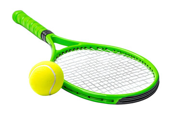 Bright green tennis racket and ball, isolated on white background.