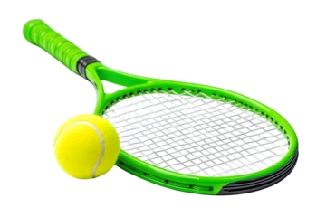 Bright green tennis racket and ball, isolated on white background.