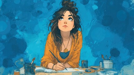 Portrait of a pensive woman drawing, studio background, bright colours