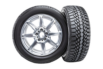 Obraz premium Two car tires, one with an alloy wheel, positioned against a white background.