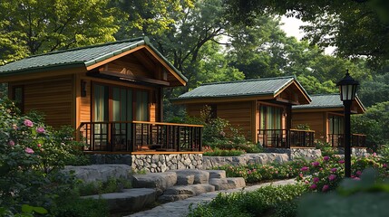 Naklejka premium Wooden cabin row nestled in garden landscape with stone path and flowers