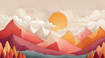 Abstract Hand-Drawn Mountainscape Illustration