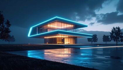 Modern Illuminated House At Night