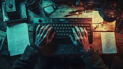 Close-up of hands typing on a vintage keyboard in a dimly lit workspace.