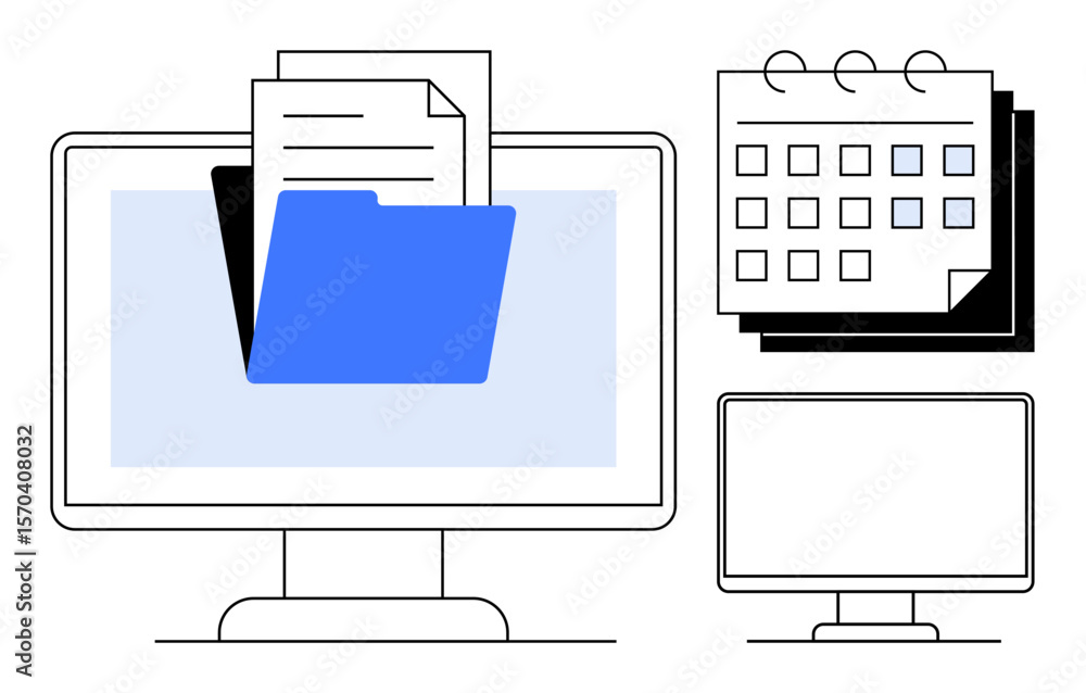 Poster folder holding documents displayed on a computer screen with a calendar and monitor beside it. ideal