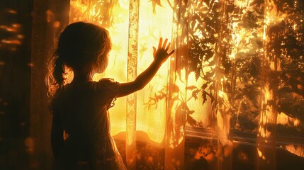 A young girl gazes out the window, illuminated by warm golden sunlight.