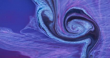 Swirl art. Ripple paint liquid. Defocused purple blue color chemical golden sparkling stream flow...
