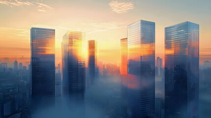 Stunning city skyline at sunrise, with skyscrapers reflecting vibrant colors.