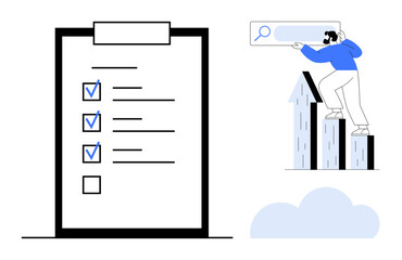 Large checklist with marked tasks beside a person on rising bar charts holding a search bar. Ideal for productivity, goal setting, business growth, achievements, focus, planning, simple flat metaphor