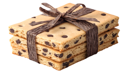 Delicious array of chocolate chip cookies stacked and tied with a rustic twine bow, fresh baked sweet treats for snacks or dessert in a home bakery setting
