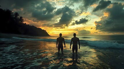 Two men silhouetted against a vibrant sunset at the beach.