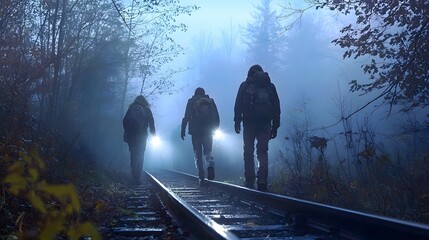 Three hikers in the foggy forest, wearing backpacks, walking on dark railway tracks.