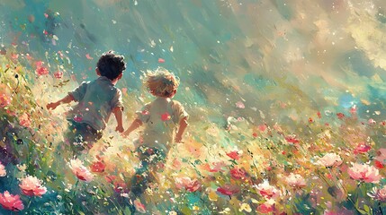 Two children joyfully running through a vibrant flower field, embracing nature's beauty.