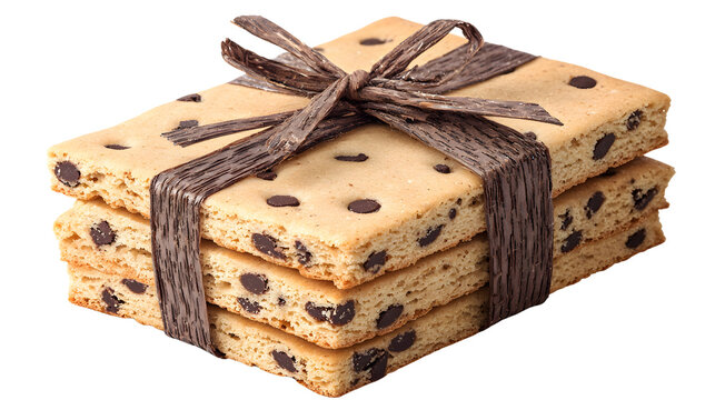 Delicious array of chocolate chip cookies stacked and tied with a rustic twine bow, fresh baked sweet treats for snacks or dessert in a home bakery setting - Powered by Adobe