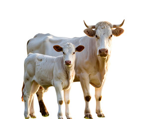 Mother Cow and Calf Standing Together in Sunny Field, isolated on a transparent background