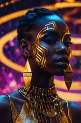 Elegant Black woman in futuristic metallic attire with glowing geometric face paint and gold tribal earrings, set against a cosmic nebula background, Generative Ai
