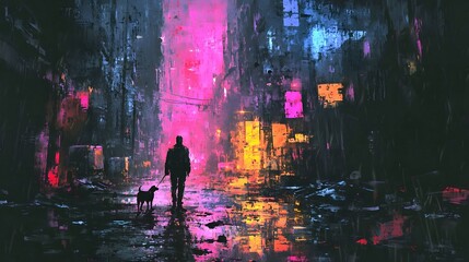Silhouette of a person and dog walking in a vibrant, neon-lit urban alleyway.