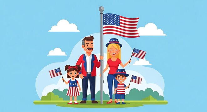 Patriotic Family Celebrates with American Flags on Independence Day