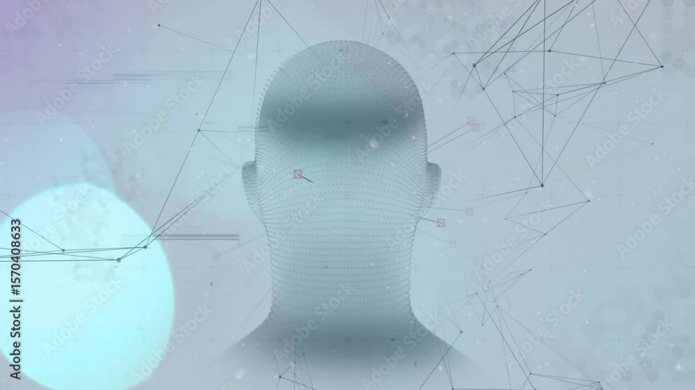 Poster wireframe head fading into view, rotating through glitching bars and pulsing nodes in technology