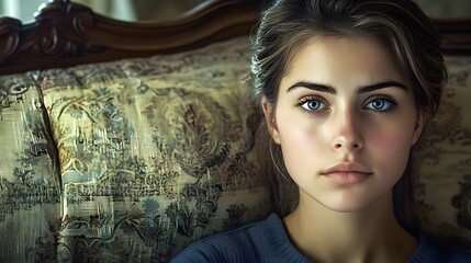 A young Caucasian woman with striking blue eyes sits thoughtfully on a vintage sofa.