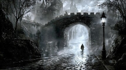 A solitary figure walks through a misty, gothic archway on a cobblestone path.