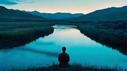 A contemplative man gazes at a serene river under a twilight sky, embracing tranquility.