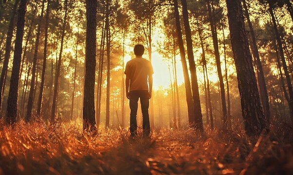 Silhouette of a young man standing in a sunlit forest at sunset.