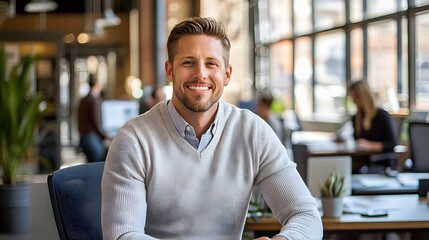 Smiling Caucasian man in a modern office setting, exuding confidence and approachability.