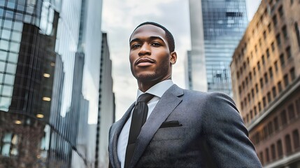 Confident Black man in a business suit standing in an urban setting.