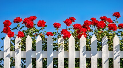 Vibrant red roses blooming over a white picket fence under a clear blue sky.