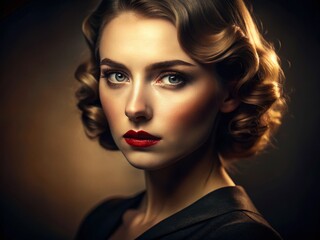 Fototapeta premium Vintage Close-up Portrait: Woman, Bright Light, Dramatic Shadows, Film Grain