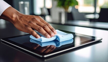 Person Cleaning Digital Tablet With Blue Cloth In Office