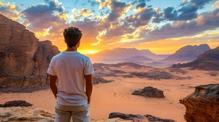 Young man admiring a stunning desert sunset with vibrant colors.