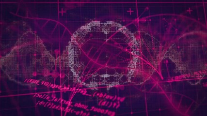 Grid showing pink code launching nodes forming brain network pulsing DNA helix for tech insight - Powered by Adobe