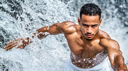 Muscular man with curly hair emerging from a waterfall, showcasing strength and determination.